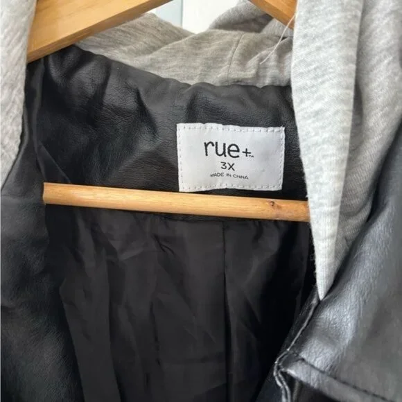 Rue 21+ Jacket 3X Retro Moto Zip Faux Leather Hood Mixed Media Streetwear Grunge - Picture 3 of 11
